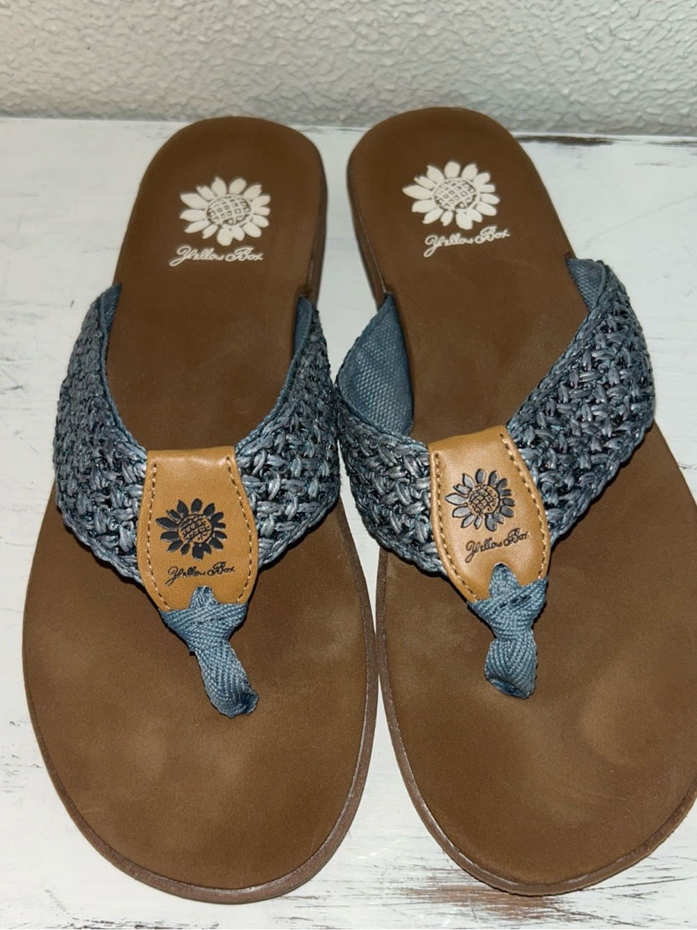 Yellow Box Blue Woven Thong Sandals with Tan Accents